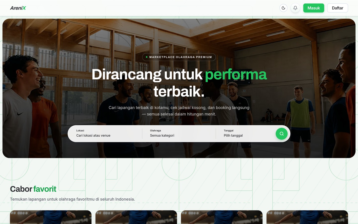 Halaman utama marketplace AreniX dengan pencarian berdasarkan lokasi, cabang olahraga, dan tanggal