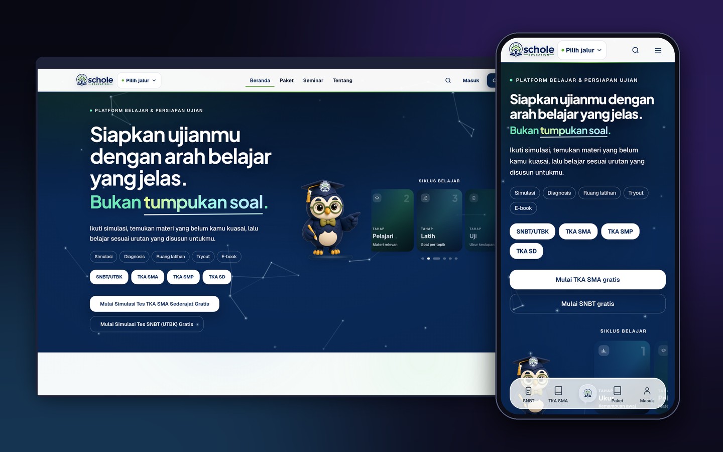 Beranda website Schole di laptop dan HP, dengan pilihan jalur ujian dan tombol mulai simulasi gratis